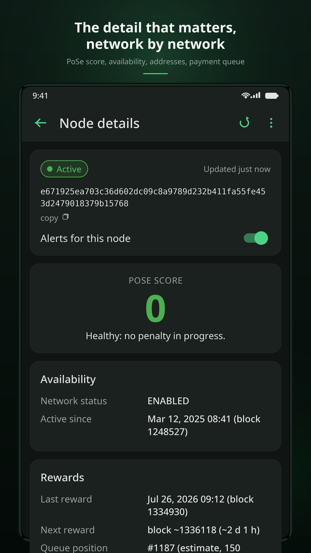 Detail screen of a masternode with its status and last activity