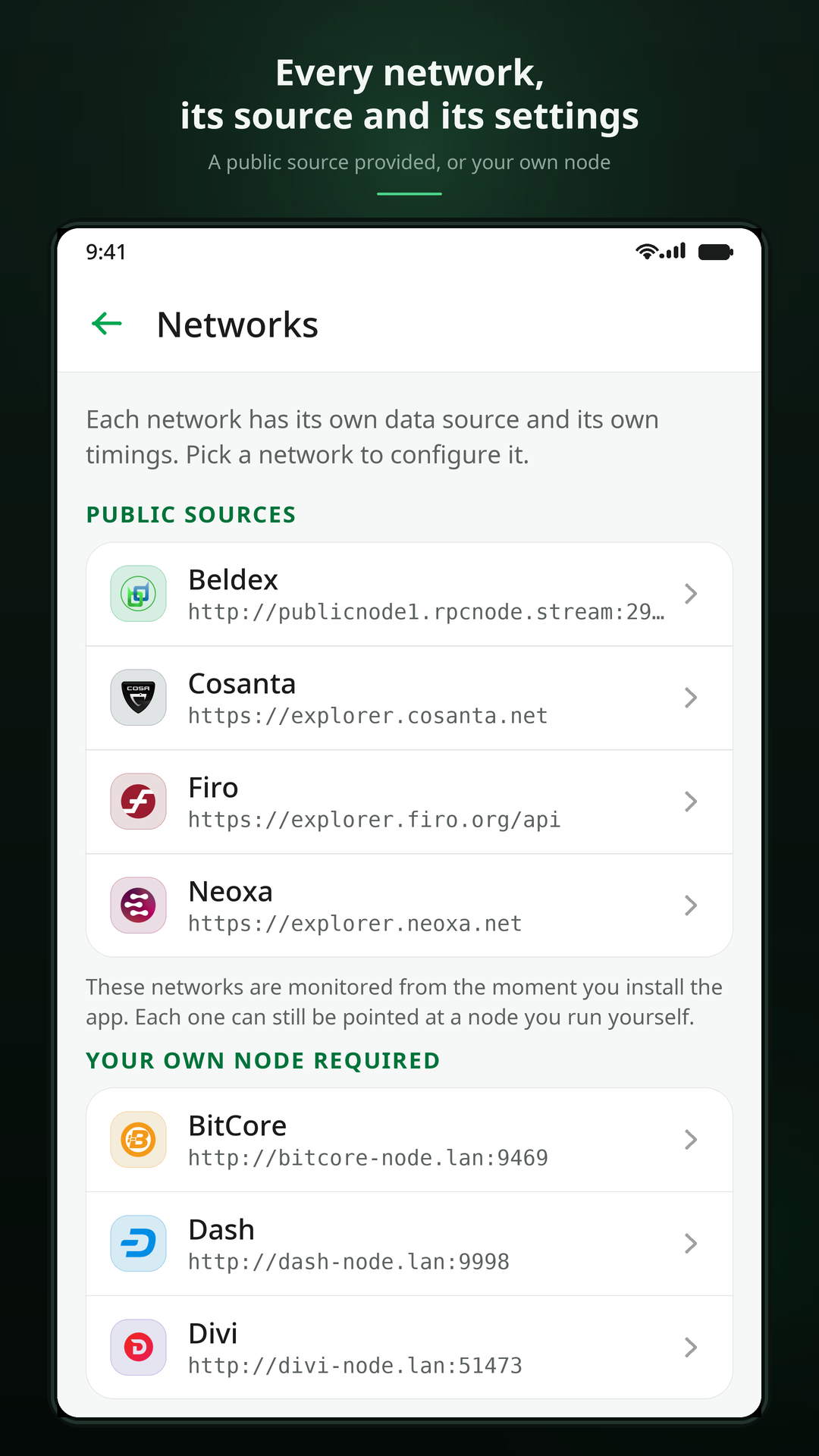 Network settings screen listing each network and its current data source