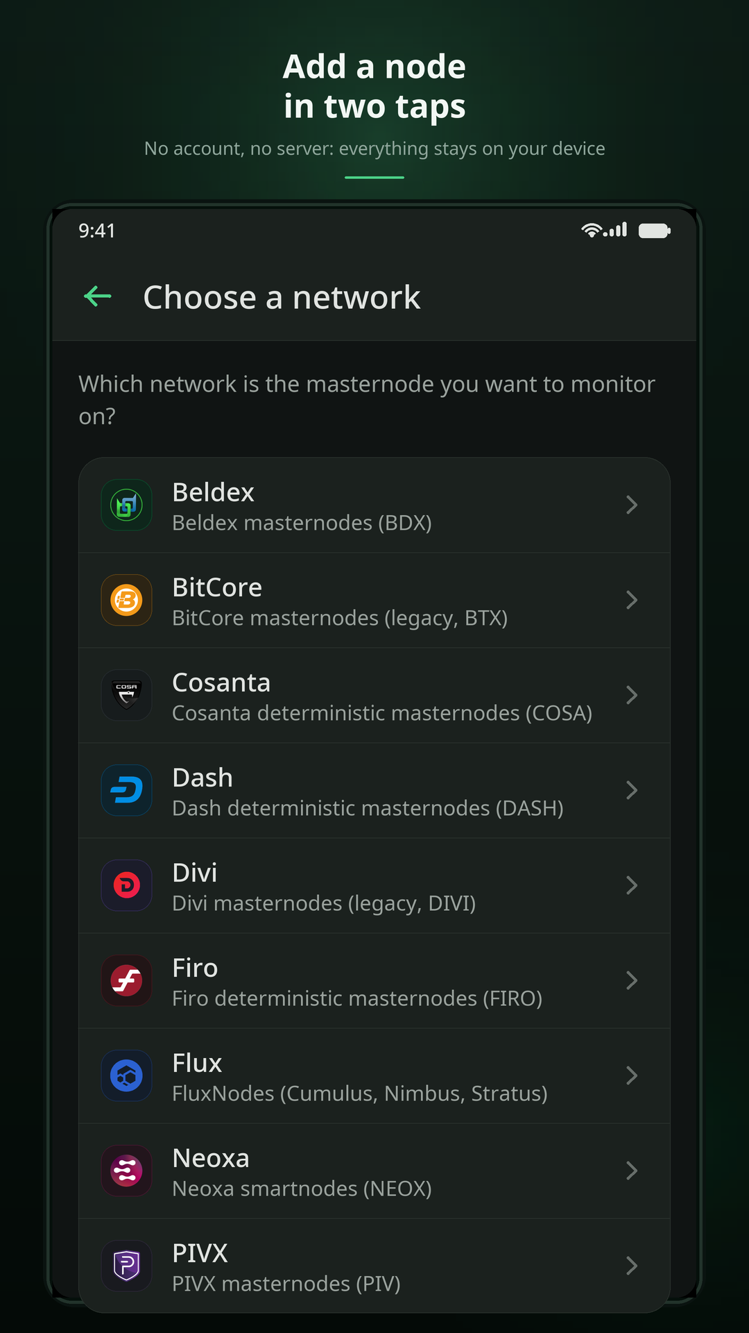 Network picker listing the supported networks